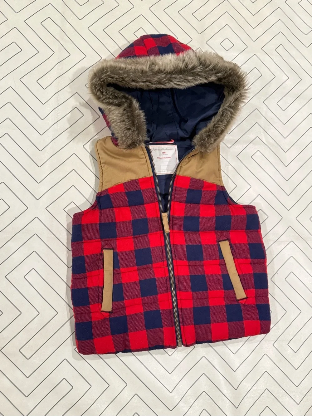 Hana Andersson Navy and Red Plaid Hooded Vest